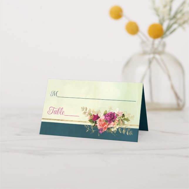 Hochzeiten in aquamarin, Navy, Green, Gold Florals Platzkarte (Vorderseite)