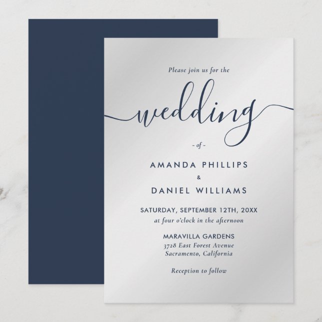 Hochzeiten in Navy und Silver Modern Einladung (Vorne/Hinten)