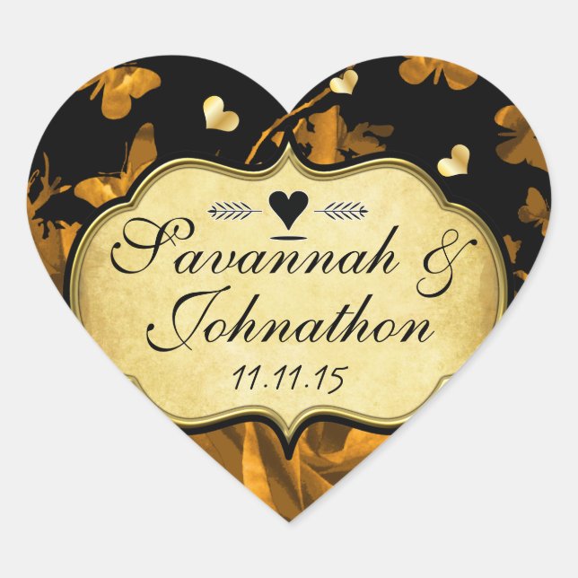 Hochzeiten mit Gold Heart Rose & Butterfly Herz-Aufkleber (Vorderseite)