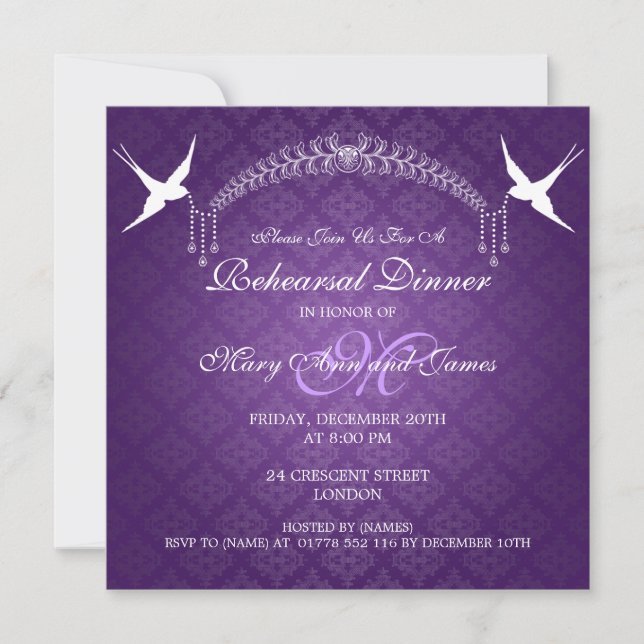 Hochzeiten Probe Abendessen Birds Monogramm Lila Einladung (Vorderseite)