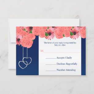 Hochzeiten RSVP Card Coral Blume und Navy Blue