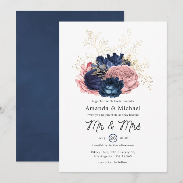 Hochzeiten von Blüten, Navy und Gold Einladung (Vorne/Hinten)