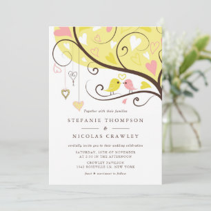 Hochzeiten von Gelb und Rosa Whimsical Lovebirds Einladung