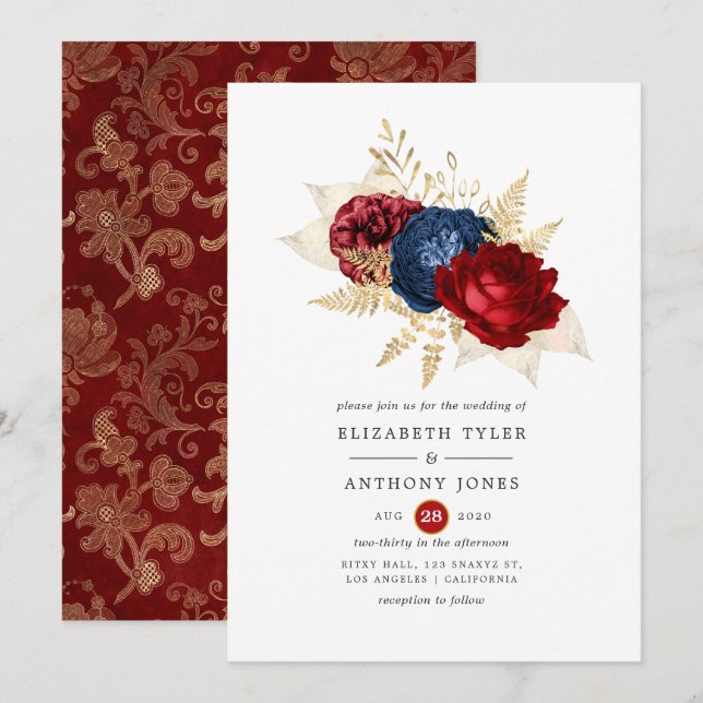 Hochzeiten von Marine, Rot und Gold Einladung (Vorne/Hinten)