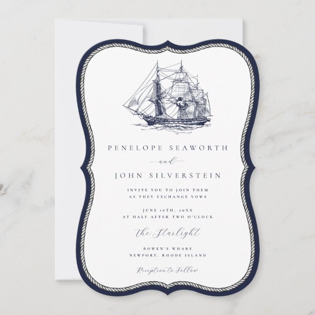 Hochzeiten von Nautic Ship Navy Rope Frame Bracket Einladung (Vorderseite)