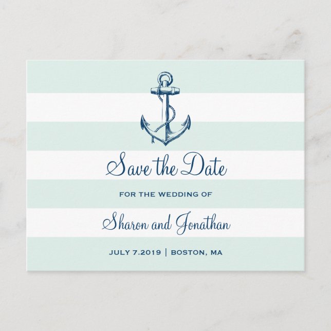 Hochzeiten von Navy Anchor & Stripes Beach Save th Ankündigungspostkarte (Vorderseite)