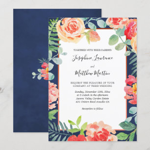 Hochzeiten von Navy Blue Elegant Floral Blooms Einladung