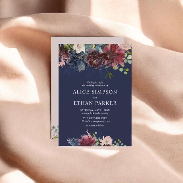 Hochzeiten von Navy Blue und Burgund-Blume Einladung (Von Creator hochgeladen)