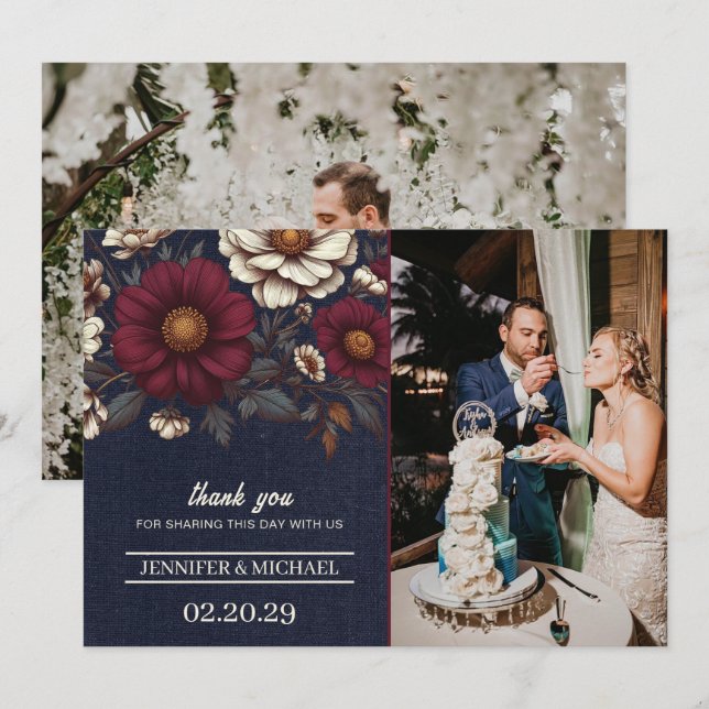 Hochzeiten von Navy Blue und Burgund Dankeskarte (Vorne/Hinten)