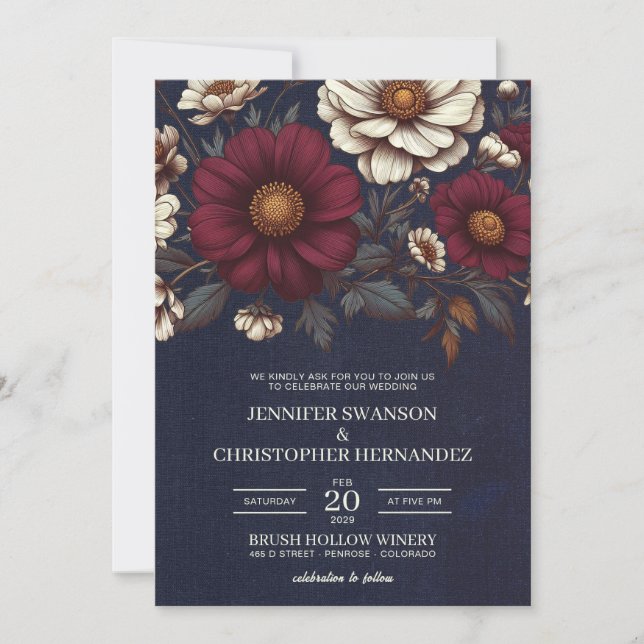 Hochzeiten von Navy Blue und Burgund Einladung (Vorderseite)