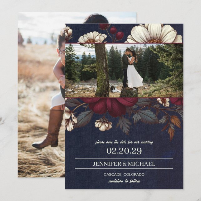 Hochzeiten von Navy Blue und Burgund Save The Date (Vorne/Hinten)