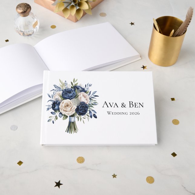 Hochzeiten von Navy Blue und Elfenbein Gästebuch (Vorderseite Offen)