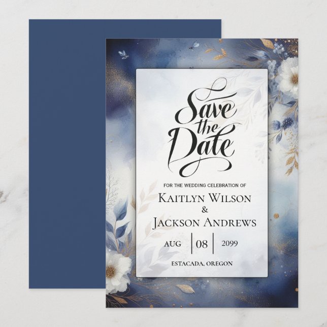 Hochzeiten von Navy Blue und Gold Floral speichern Save The Date (Vorne/Hinten)