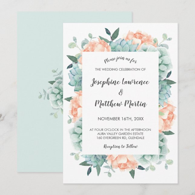 Hochzeiten von Peony und Succules Einladung (Vorne/Hinten)