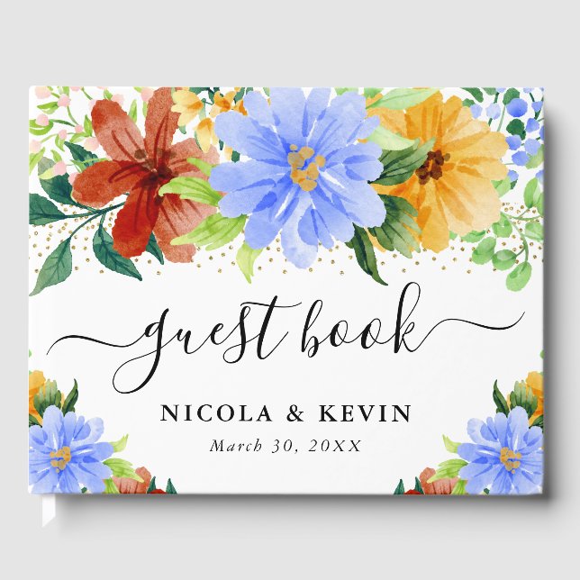 Hochzeiten von Rot, Gelb und Blauen Blumen Gästebuch (Vorderseite)