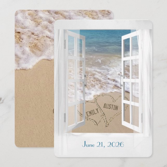 Hochzeiten von Strandherzen im Fenster Einladung (Vorne/Hinten)