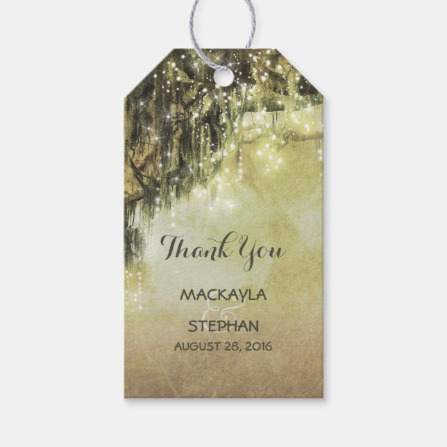 Hochzeiten von String-Lights-Mossy-Baumzweigen Geschenkanhänger (Vorderseite)