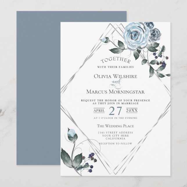 Hochzeitfarbener, blauer, floraler Silberrahmen Einladung (Vorne/Hinten)