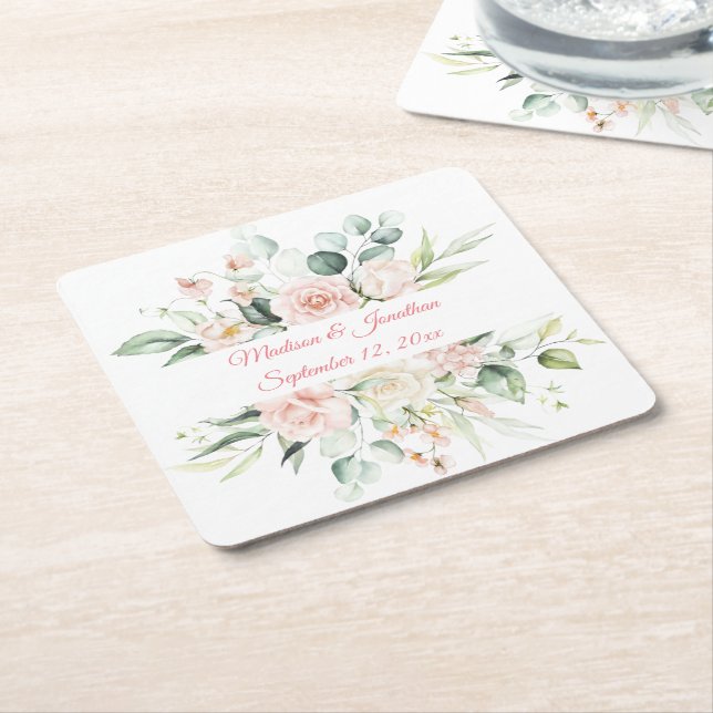 Hochzeitflorale Elegant Pink Chic Datum Skript Rechteckiger Pappuntersetzer (angewinkelt)