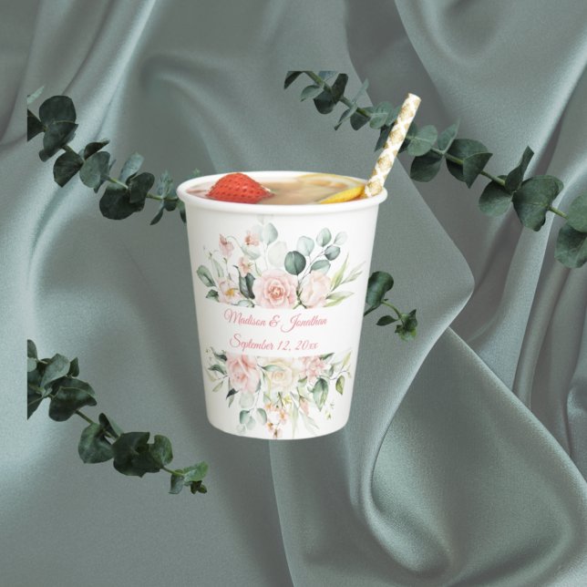 Hochzeitflorale Elegant Pink Date Script Namen Pappbecher (Von Creator hochgeladen)