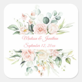 Hochzeitflorale Elegant Rosa Chic Datum Name Quadratischer Aufkleber