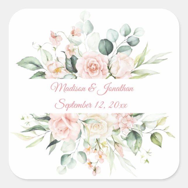 Hochzeitflorale Elegant Rosa Chic Datum Name Quadratischer Aufkleber (Vorderseite)