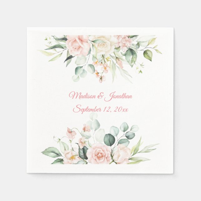 Hochzeitflorale Elegant Rosa Chic Datum Name Serviette (Vorderseite)
