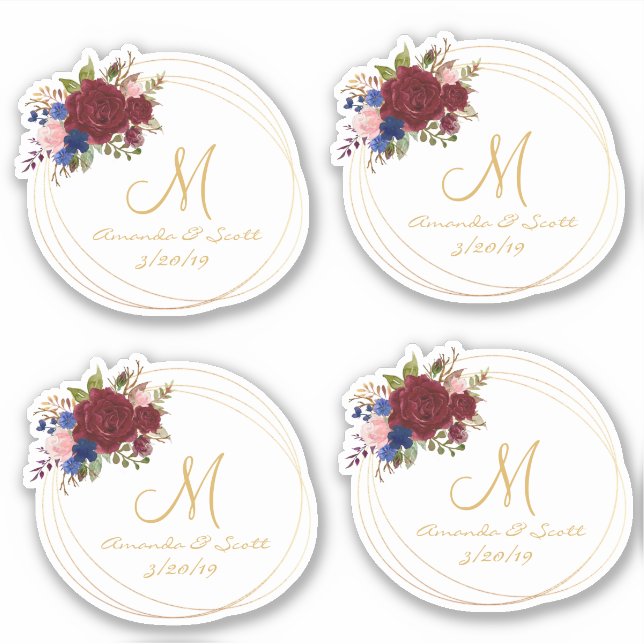Hochzeitflorale Monogram Burgundy Navy Gold Frame Aufkleber (Vorderseite)