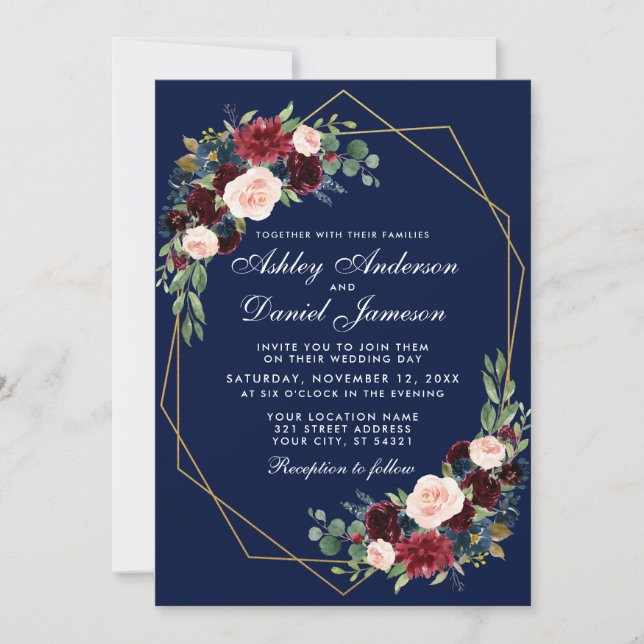 Hochzeitfloraler Blue Burgundy Geometric Gold Fram Einladung (Vorderseite)