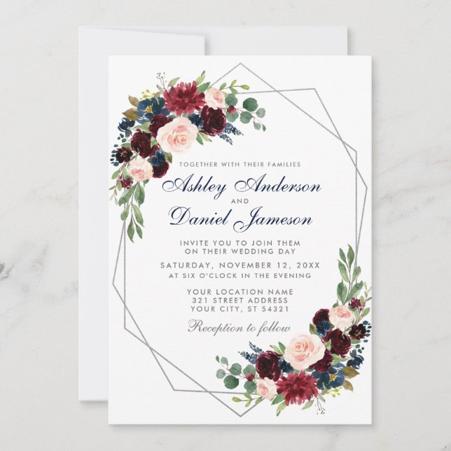 Hochzeitflorales Burgundy Blue Geometric Silver Einladung (Vorderseite)
