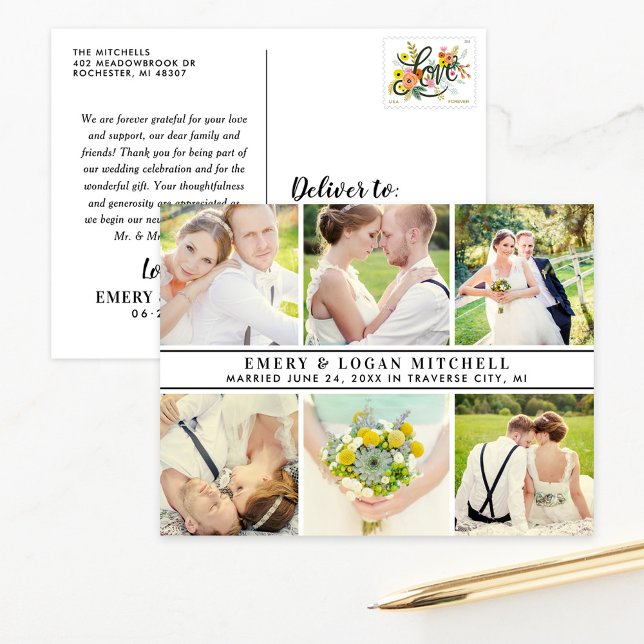 Hochzeitfoto Collage Schwarz und Weiß Vielen Dank Postkarte (Von Creator hochgeladen)