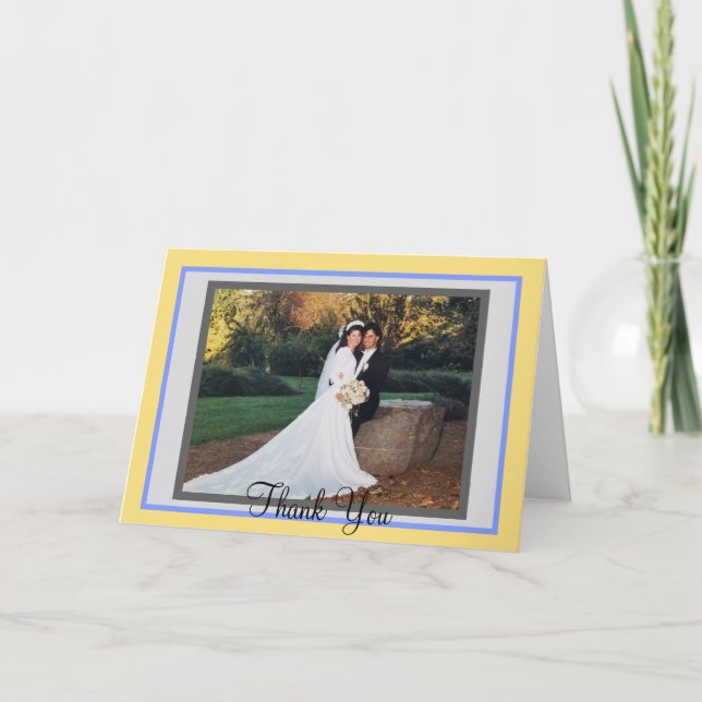 Hochzeitgelbes blaues Foto Vielen Dank Karten (Vorderseite)