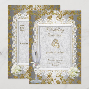 Hochzeitgoldene, weiße, antike Spitzen-Blumenzwieb Einladung