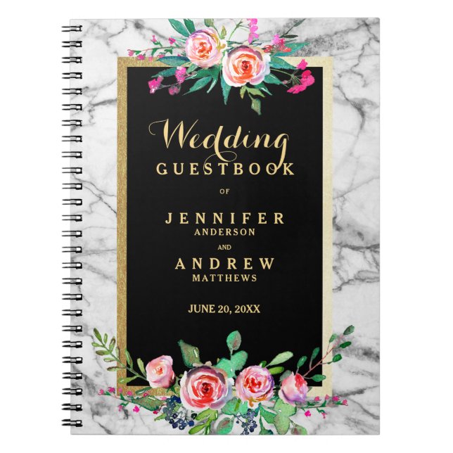 Hochzeitguestbook-schickes Goldmarmor-Rosa mit Notizblock (Vorderseite)