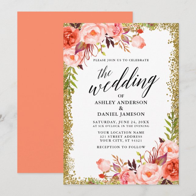 Hochzeitkalligrafie Gold Glitzer Coral Floral Einladung (Vorne/Hinten)
