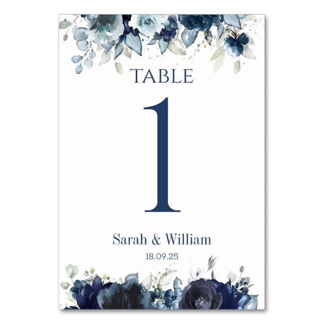Hochzeitkarte Navy & Dusty Blue Peony Wedding Tisc Tischnummer (Vorderseite)