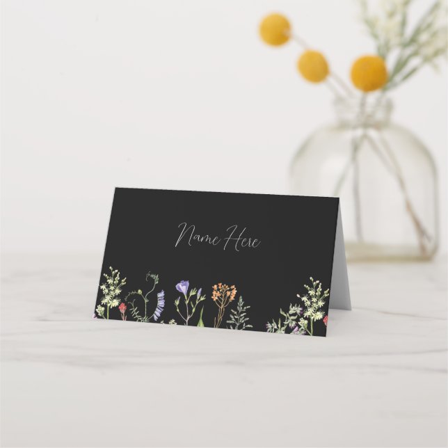 Hochzeitkarten Namen der Wildblumen Blumenschwarz Platzkarte (Vorderseite)