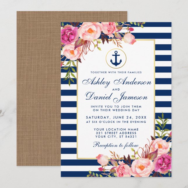 Hochzeitliche blaue Streifen Blumenrosa Einladung  (Vorne/Hinten)