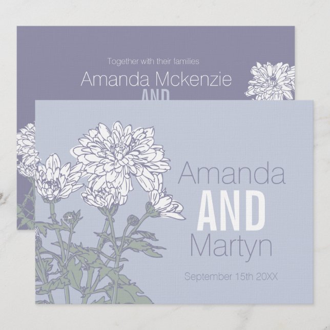 Hochzeitliche Chrysanthemum-weiße Blume auf graue  Einladung (Vorne/Hinten)