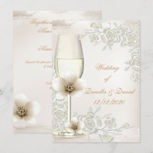 Hochzeitliche Creme Sepia Champagne Glass Blume Einladung