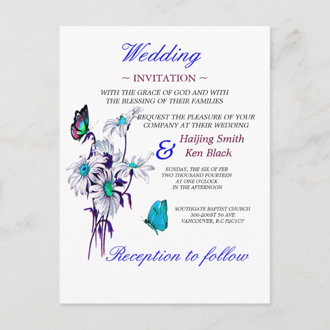 Hochzeitliche Einladung von Schmetterlingen und bl (Vorderseite)