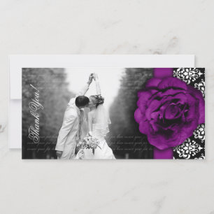Hochzeitliche Fotokarte Lila Rose Damask Schwarz-w Dankeskarte
