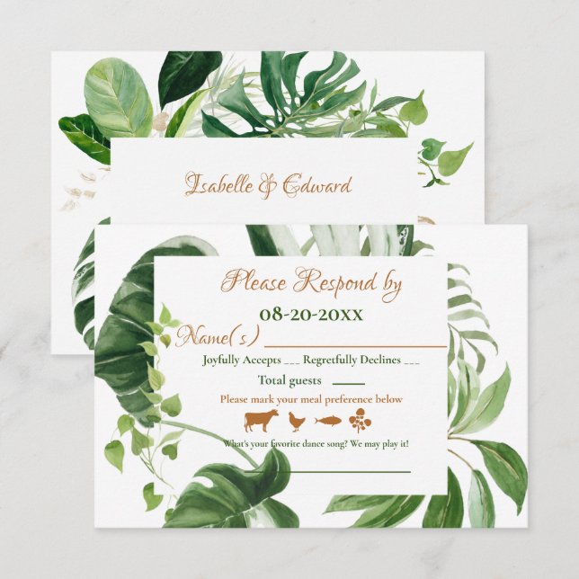 Hochzeitliche grüne Monstera-Blätter RSVP Karte (Vorne/Hinten)