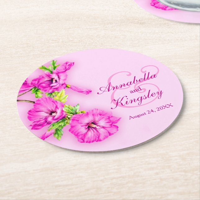 Hochzeitliche Hibiskus Rosa Aquarellpapier Unterse Runder Pappuntersetzer (Angewinkelt)