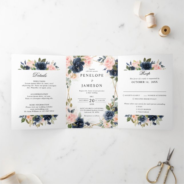 Hochzeitliche Hochzeit mit roter Blüte Dreifach-gefaltete Programmkarte (Innenseite)