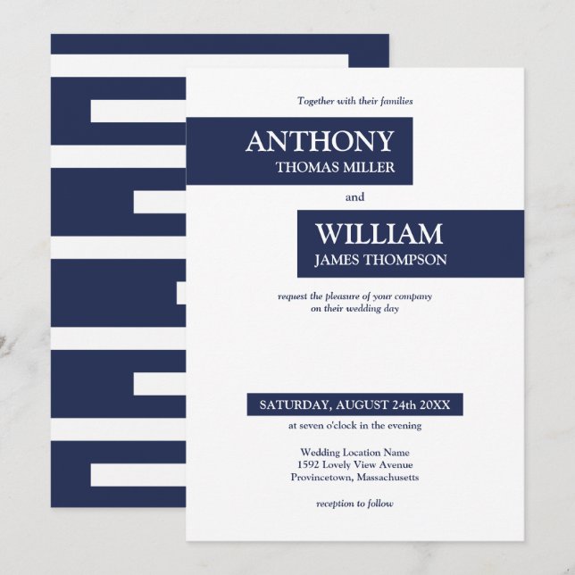 Hochzeitliche Hochzeit moderner Navy-Blau- und Whi Einladung (Vorne/Hinten)