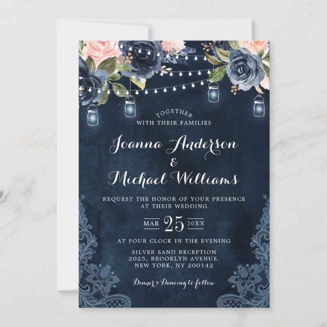 Hochzeitliche Hochzeit von Navy Blue Blush Pink Ro Einladung (Vorderseite)