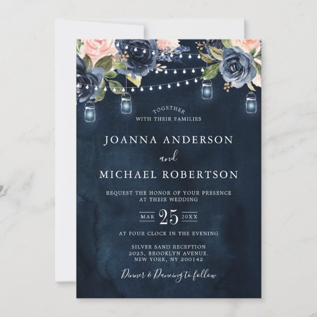 Hochzeitliche Hochzeit von Navy Blue Blush Pink Ro Einladung (Vorderseite)