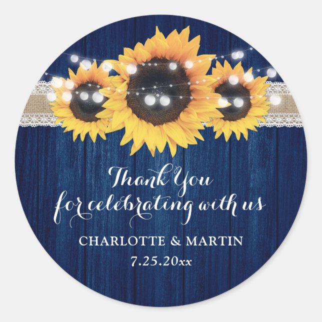 Hochzeitliche Hochzeit von Navy Blue Sunflower Woo Runder Aufkleber (Vorderseite)