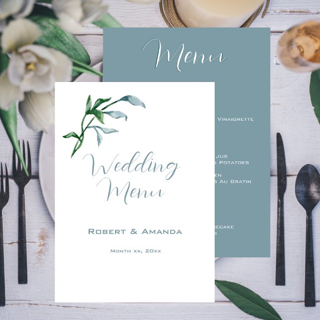 Hochzeitliche Hochzeitsstimmung mit blauen grünen  Menükarte (Watercolor Blue Green Leaves Wedding Menu)